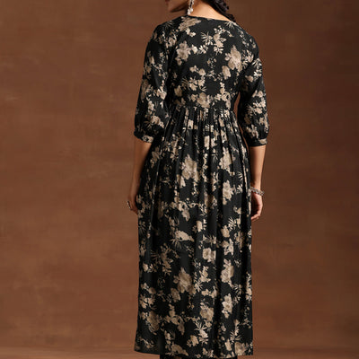 Green Printed Silk Blend A-line Kurta With Trousers