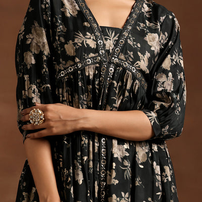 Green Printed Silk Blend A-line Kurta With Trousers
