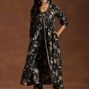 Green Printed Silk Blend A-line Kurta With Trousers