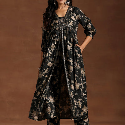 Green Printed Silk Blend A-line Kurta With Trousers