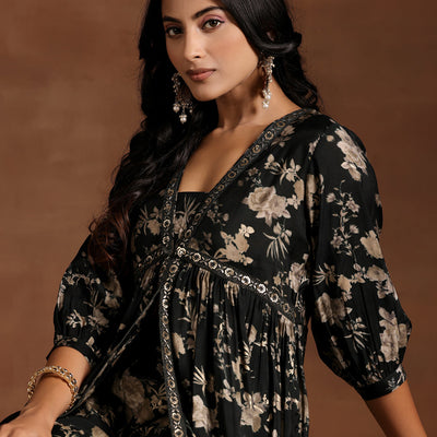 Green Printed Silk Blend A-line Kurta With Trousers