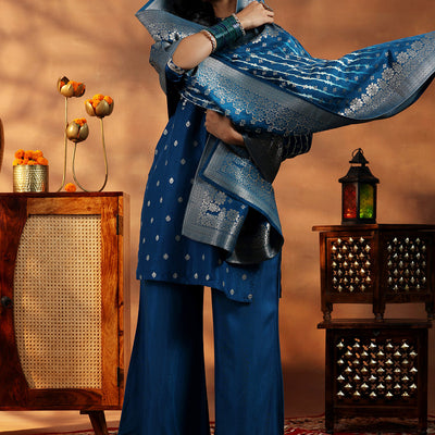 Blue Woven Design Silk Blend Straight Suit With Dupatta