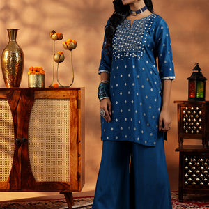 Blue Woven Design Silk Blend Straight Suit With Dupatta