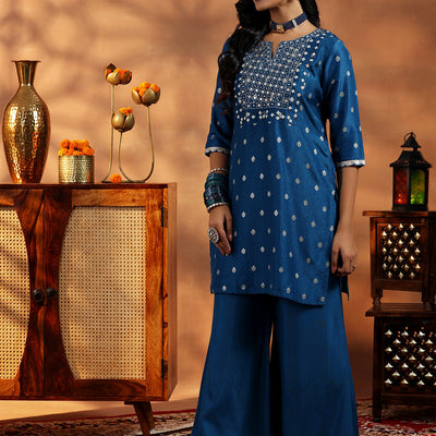 Blue Woven Design Silk Blend Straight Suit With Dupatta