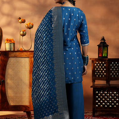 Blue Woven Design Silk Blend Straight Suit With Dupatta