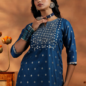 Blue Woven Design Silk Blend Straight Suit With Dupatta