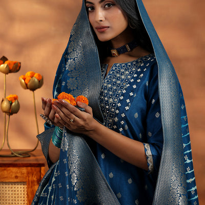 Blue Woven Design Silk Blend Straight Suit With Dupatta