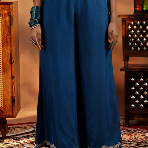 Blue Woven Design Silk Blend Straight Suit With Dupatta