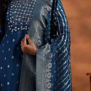Blue Woven Design Silk Blend Straight Suit With Dupatta