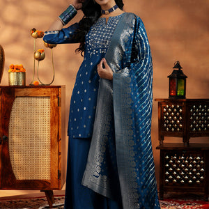 Blue Woven Design Silk Blend Straight Suit With Dupatta