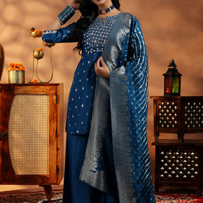 Blue Woven Design Silk Blend Straight Suit With Dupatta
