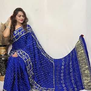 Pure Modal Silk Golden Chex Hand Made Barik Bandhej work Silk Bandhani Saree