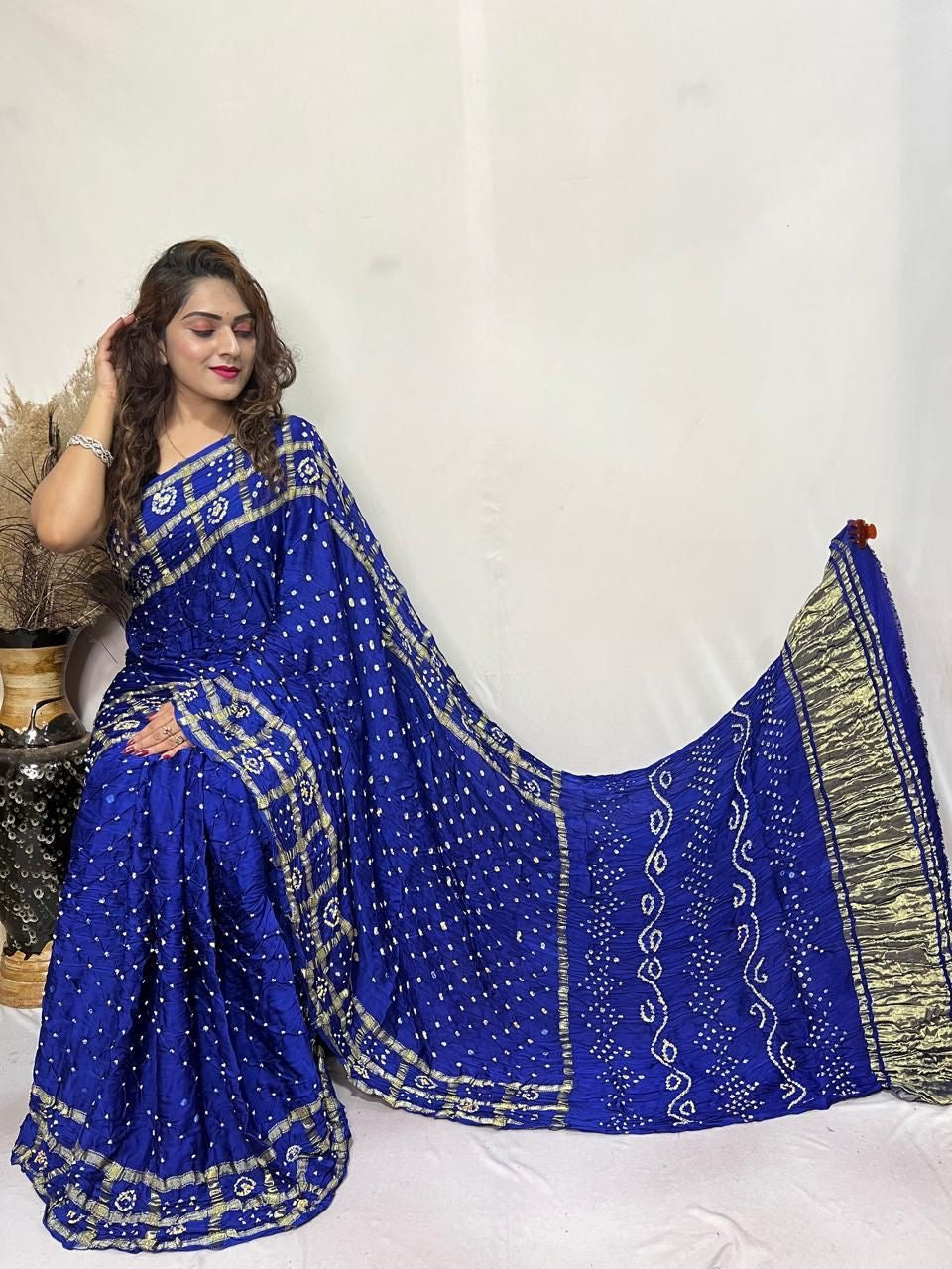 Pure Modal Silk Golden Chex Hand Made Barik Bandhej work Silk Bandhani Saree