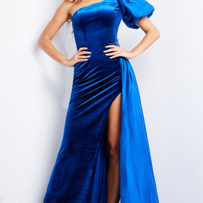 Velvet Fitted One Shoulder Slit Gown by Jovani 36878