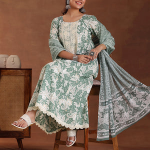 Green Printed Cotton Anarkali Suit With Dupatta