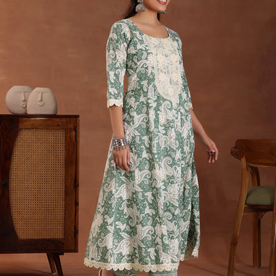 Green Printed Cotton Anarkali Suit With Dupatta