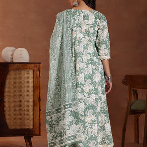 Green Printed Cotton Anarkali Suit With Dupatta
