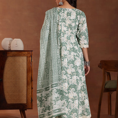 Green Printed Cotton Anarkali Suit With Dupatta