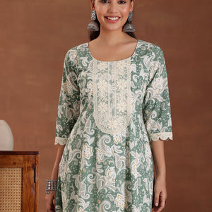 Green Printed Cotton Anarkali Suit With Dupatta