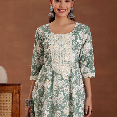 Green Printed Cotton Anarkali Suit With Dupatta