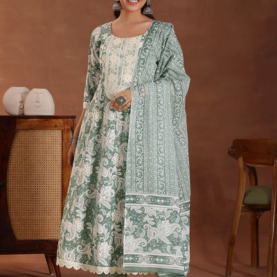 Green Printed Cotton Anarkali Suit With Dupatta