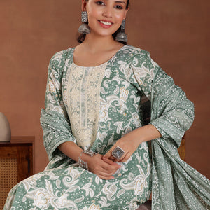 Green Printed Cotton Anarkali Suit With Dupatta