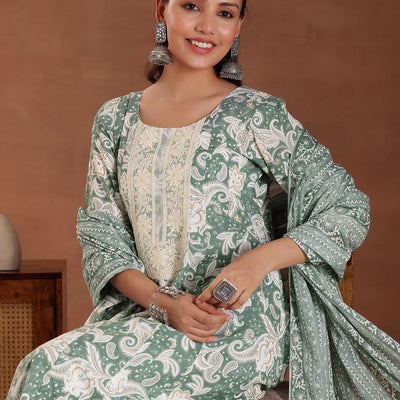 Green Printed Cotton Anarkali Suit With Dupatta