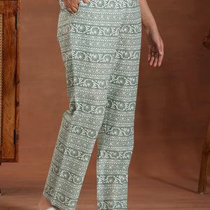 Green Printed Cotton Anarkali Suit With Dupatta