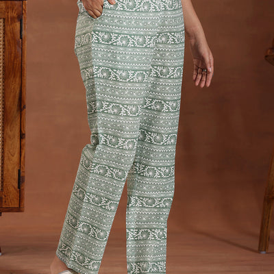 Green Printed Cotton Anarkali Suit With Dupatta