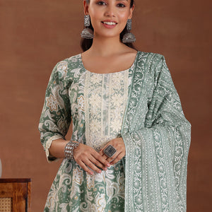 Green Printed Cotton Anarkali Suit With Dupatta