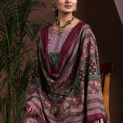 Brown Printed Poly Crepe Straight Suit With Dupatta