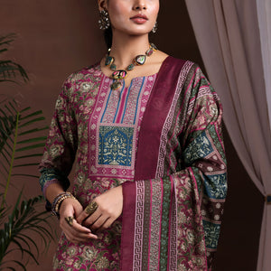 Brown Printed Poly Crepe Straight Suit With Dupatta