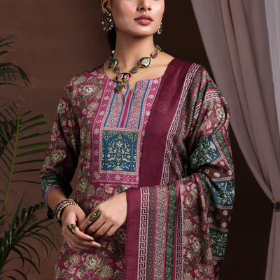 Brown Printed Poly Crepe Straight Suit With Dupatta