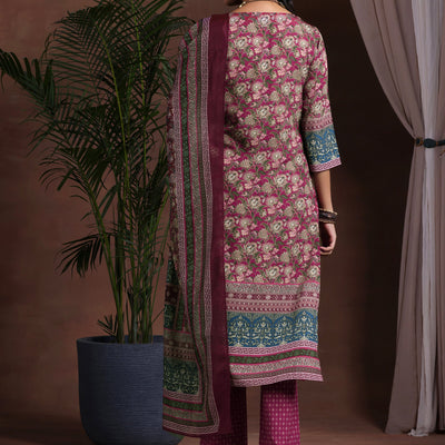 Brown Printed Poly Crepe Straight Suit With Dupatta