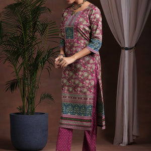 Brown Printed Poly Crepe Straight Suit With Dupatta