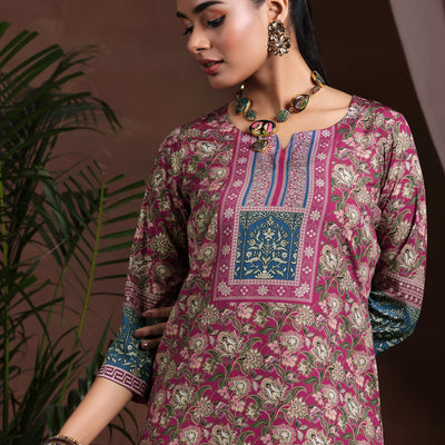 Brown Printed Poly Crepe Straight Suit With Dupatta