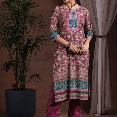 Brown Printed Poly Crepe Straight Suit With Dupatta