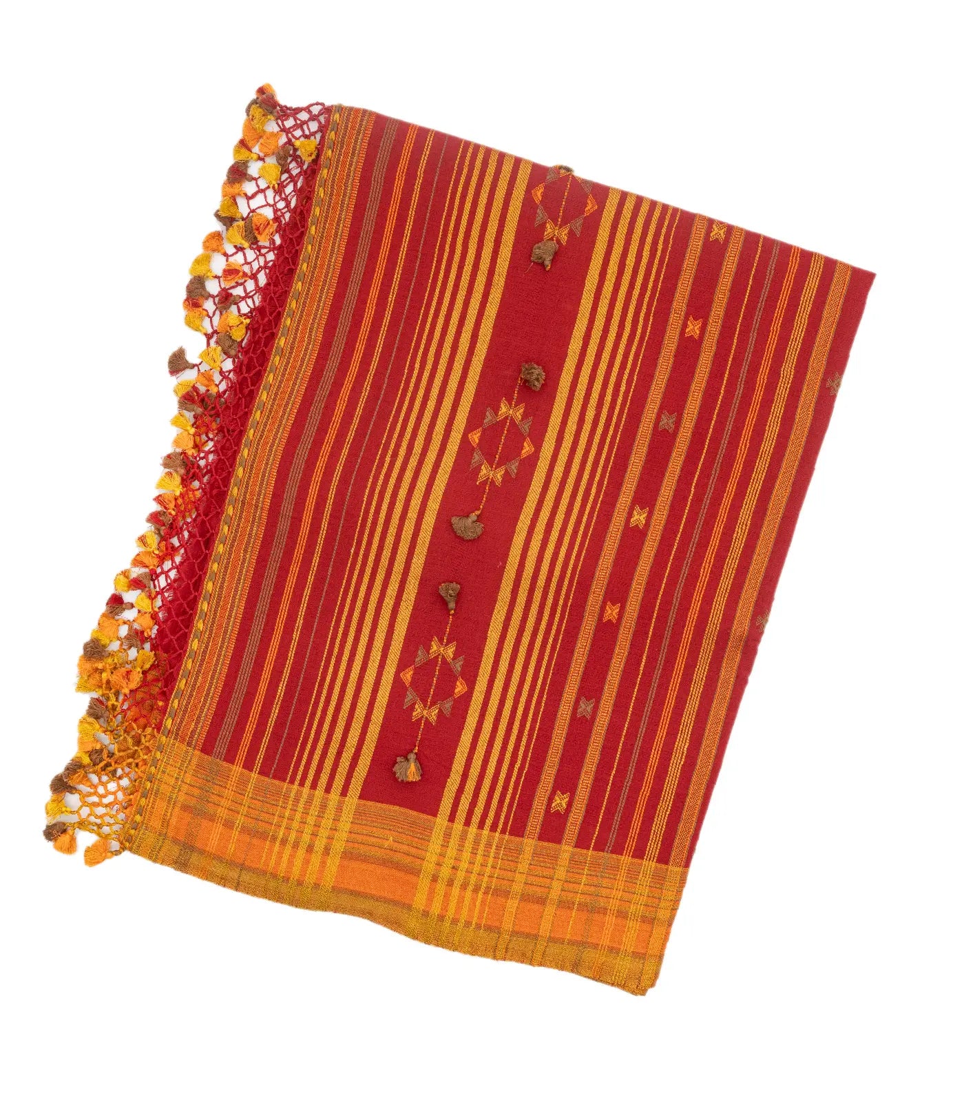 Red Handloom Bhujodi Cotton Saree With Bhujodi/kutch style buttis