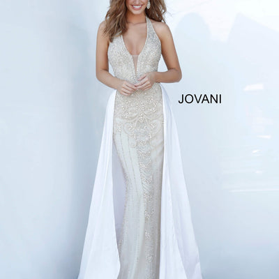 Beaded Halter Overskirt Gown by Jovani 3698