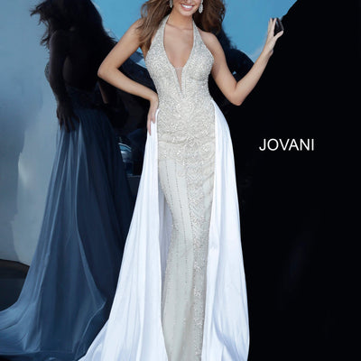 Beaded Halter Overskirt Gown by Jovani 3698