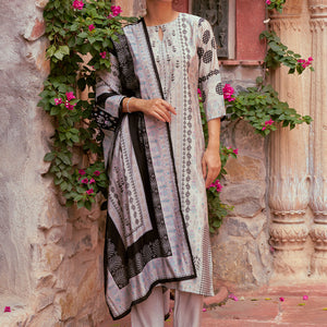 Grey Printed Silk Blend Straight Suit With Dupatta