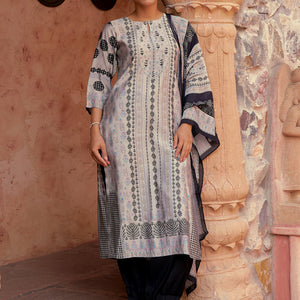 Grey Printed Silk Blend Straight Suit With Dupatta