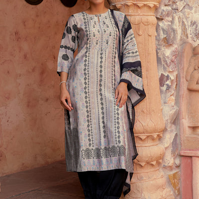 Grey Printed Silk Blend Straight Suit With Dupatta