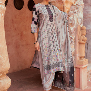 Grey Printed Silk Blend Straight Suit With Dupatta