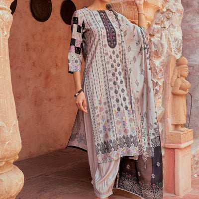 Grey Printed Silk Blend Straight Suit With Dupatta