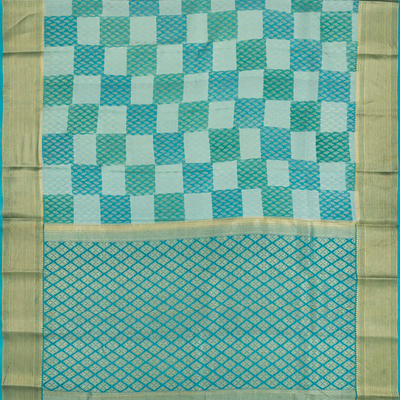 Sky Blue Mysore Crepe Silk Saree With Printed Checks & Floral Motifs