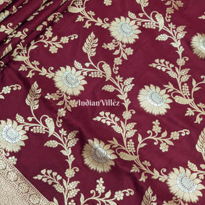 Wine Floral Motif Designer Banarasi Katan Silk Saree