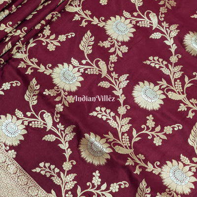 Wine Floral Motif Designer Banarasi Katan Silk Saree