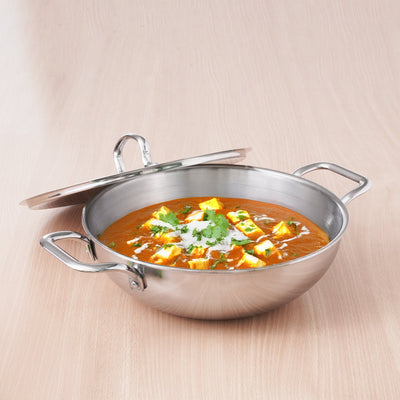 TurboCuk Tri-ply Stainless Steel Kadai+ Steel Lid, Premium Quality, 3 Layer Thick Body, 100% Toxin-free,