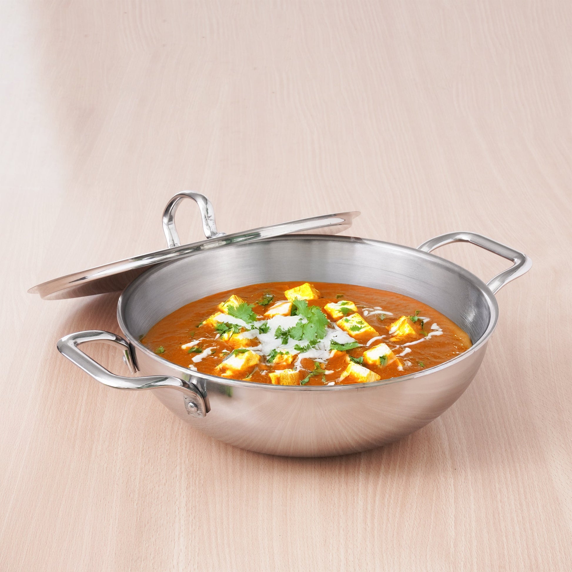 TurboCuk Tri-ply Stainless Steel Kadai+ Steel Lid, Premium Quality, 3 Layer Thick Body, 100% Toxin-free,